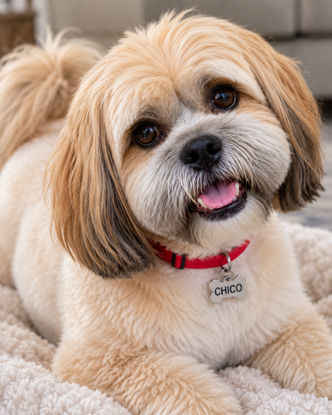 Chico’s existing Happy Portrait: a cheerful cream-and-tan dog with bright eyes, his tongue out, and a silver Chico name tag.